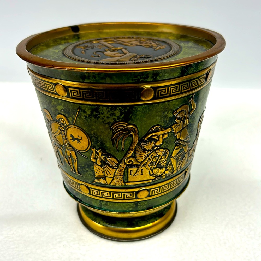 Vintage faux green marble KAISER COFFEE  pedestal tin with  Mythological design